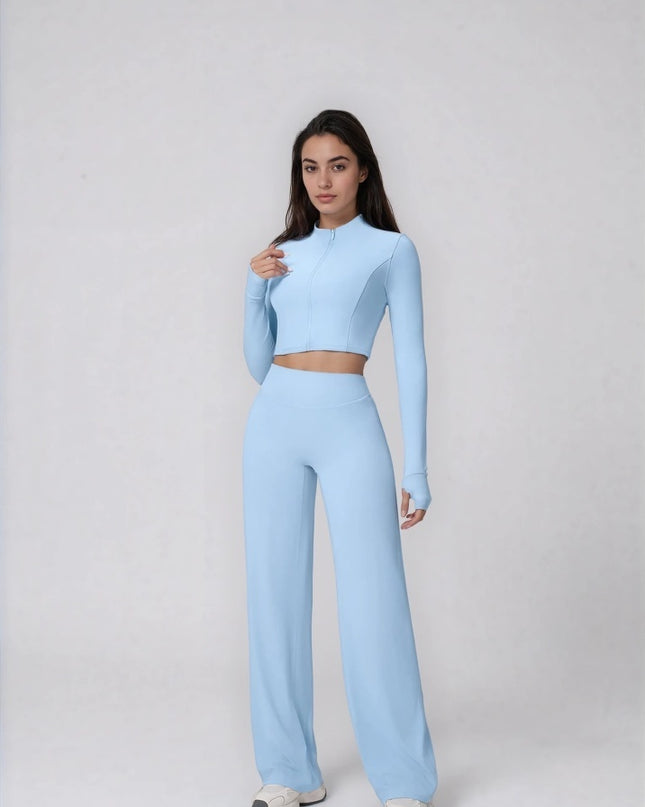Set Sport Dama Albastru Deschis, Hanorac Cu Fermoar Si Pantaloni Evazati Largi, Compleu Fitness Yoga Alergare Sau Tinute Casual De Zi