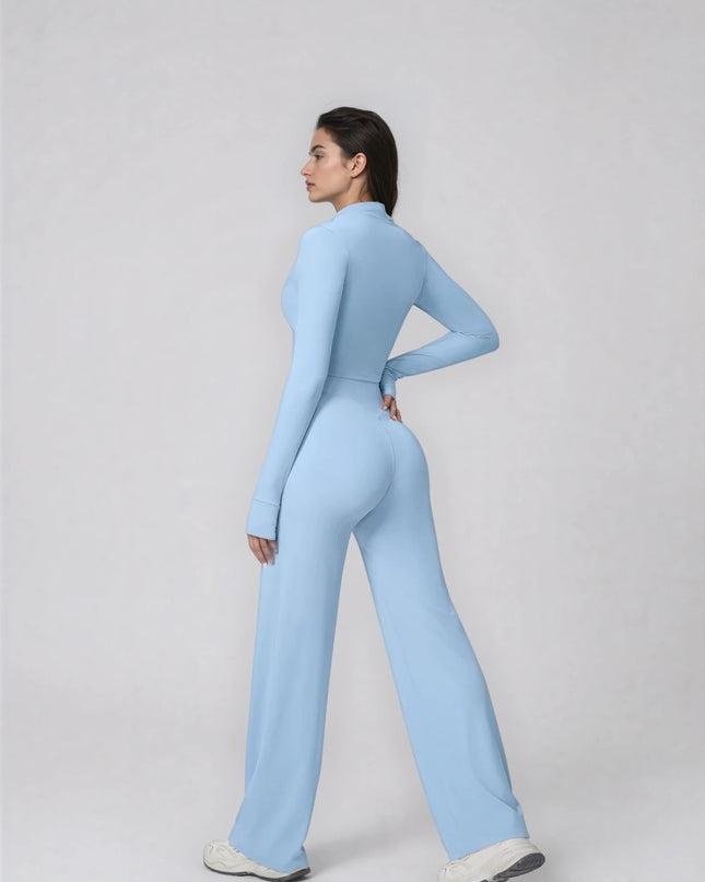 Set Sport Dama Albastru Deschis, Hanorac Cu Fermoar Si Pantaloni Evazati Largi, Compleu Fitness Yoga Alergare Sau Tinute Casual De Zi