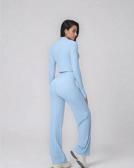 Set Sport Dama Albastru Deschis, Hanorac Cu Fermoar Si Pantaloni Evazati Largi, Compleu Fitness Yoga Alergare Sau Tinute Casual De Zi