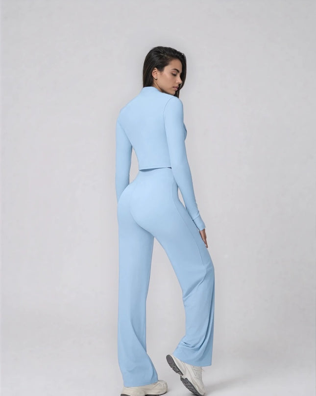 Set Sport Dama Albastru Deschis, Hanorac Cu Fermoar Si Pantaloni Evazati Largi, Compleu Fitness Yoga Alergare Sau Tinute Casual De Zi