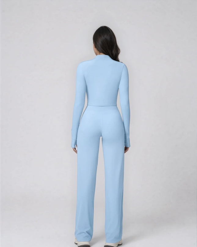 Set Sport Dama Albastru Deschis, Hanorac Cu Fermoar Si Pantaloni Evazati Largi, Compleu Fitness Yoga Alergare Sau Tinute Casual De Zi