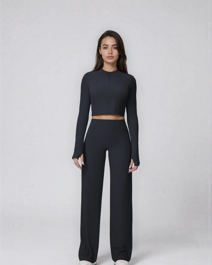 Set Sport Dama Negru, Hanorac Cu Fermoar Si Pantaloni Evazati Largi, Compleu Fitness Yoga Alergare Sau Tinute Casual De Zi