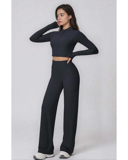 Set Sport Dama Negru, Hanorac Cu Fermoar Si Pantaloni Evazati Largi, Compleu Fitness Yoga Alergare Sau Tinute Casual De Zi