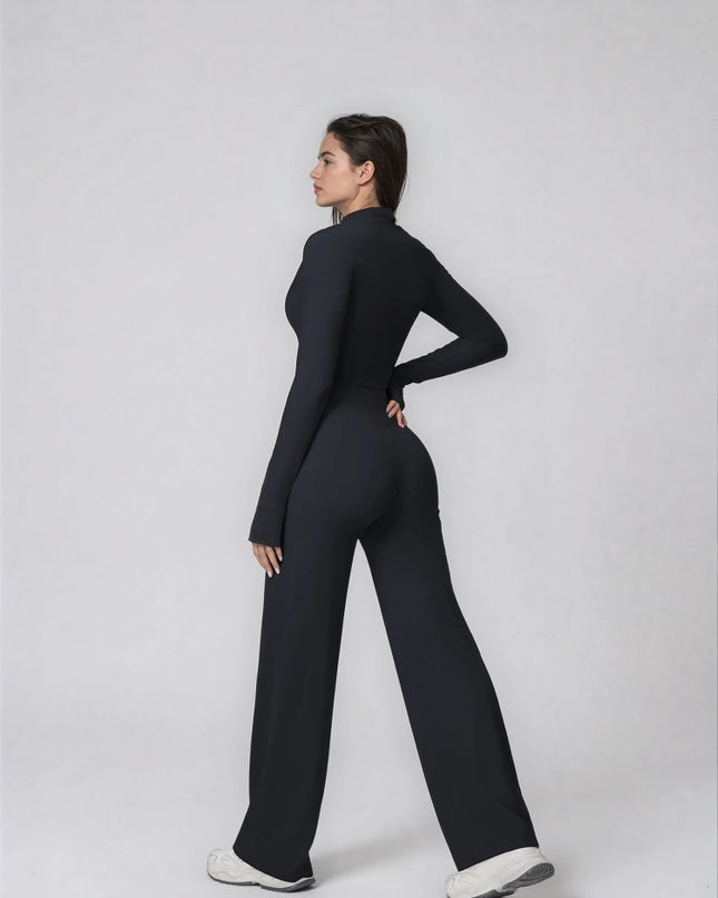 Set Sport Dama Negru, Hanorac Cu Fermoar Si Pantaloni Evazati Largi, Compleu Fitness Yoga Alergare Sau Tinute Casual De Zi
