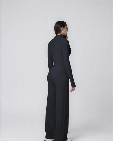 Set Sport Dama Negru, Hanorac Cu Fermoar Si Pantaloni Evazati Largi, Compleu Fitness Yoga Alergare Sau Tinute Casual De Zi