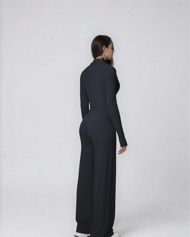 Set Sport Dama Negru, Hanorac Cu Fermoar Si Pantaloni Evazati Largi, Compleu Fitness Yoga Alergare Sau Tinute Casual De Zi