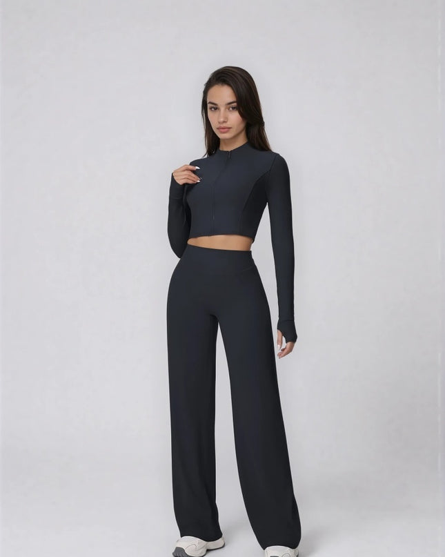 Set Sport Dama Negru, Hanorac Cu Fermoar Si Pantaloni Evazati Largi, Compleu Fitness Yoga Alergare Sau Tinute Casual De Zi