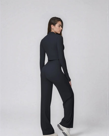 Set Sport Dama Negru, Hanorac Cu Fermoar Si Pantaloni Evazati Largi, Compleu Fitness Yoga Alergare Sau Tinute Casual De Zi