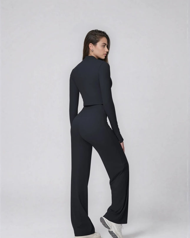 Set Sport Dama Negru, Hanorac Cu Fermoar Si Pantaloni Evazati Largi, Compleu Fitness Yoga Alergare Sau Tinute Casual De Zi