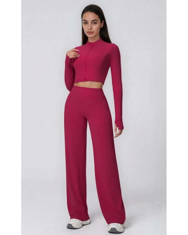 Set Sport Dama Rosu Inchis, Hanorac Cu Fermoar Si Pantaloni Evazati Largi, Compleu Fitness Yoga Alergare Sau Tinute Casual De Zi