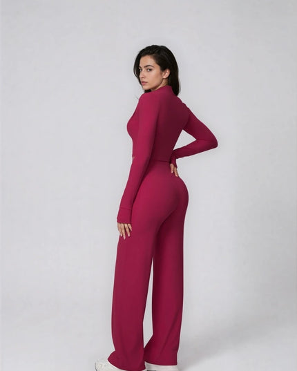 Set Sport Dama Rosu Inchis, Hanorac Cu Fermoar Si Pantaloni Evazati Largi, Compleu Fitness Yoga Alergare Sau Tinute Casual De Zi