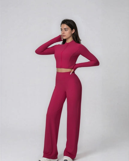 Set Sport Dama Rosu Inchis, Hanorac Cu Fermoar Si Pantaloni Evazati Largi, Compleu Fitness Yoga Alergare Sau Tinute Casual De Zi