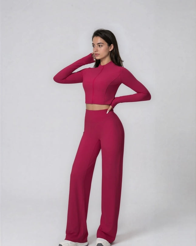 Set Sport Dama Rosu Inchis, Hanorac Cu Fermoar Si Pantaloni Evazati Largi, Compleu Fitness Yoga Alergare Sau Tinute Casual De Zi