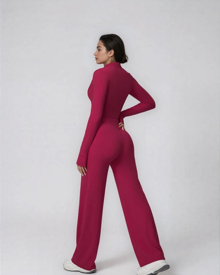 Set Sport Dama Rosu Inchis, Hanorac Cu Fermoar Si Pantaloni Evazati Largi, Compleu Fitness Yoga Alergare Sau Tinute Casual De Zi
