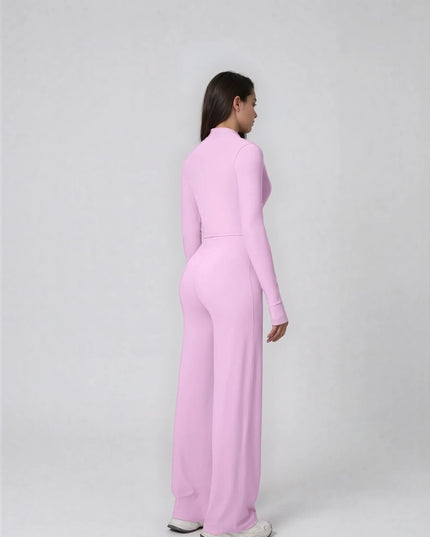 Set Sport Dama Roz Deschis, Hanorac Cu Fermoar Si Pantaloni Evazati Largi, Compleu Fitness Yoga Alergare Sau Tinute Casual De Zi