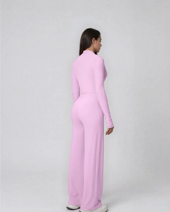 Set Sport Dama Roz Deschis, Hanorac Cu Fermoar Si Pantaloni Evazati Largi, Compleu Fitness Yoga Alergare Sau Tinute Casual De Zi