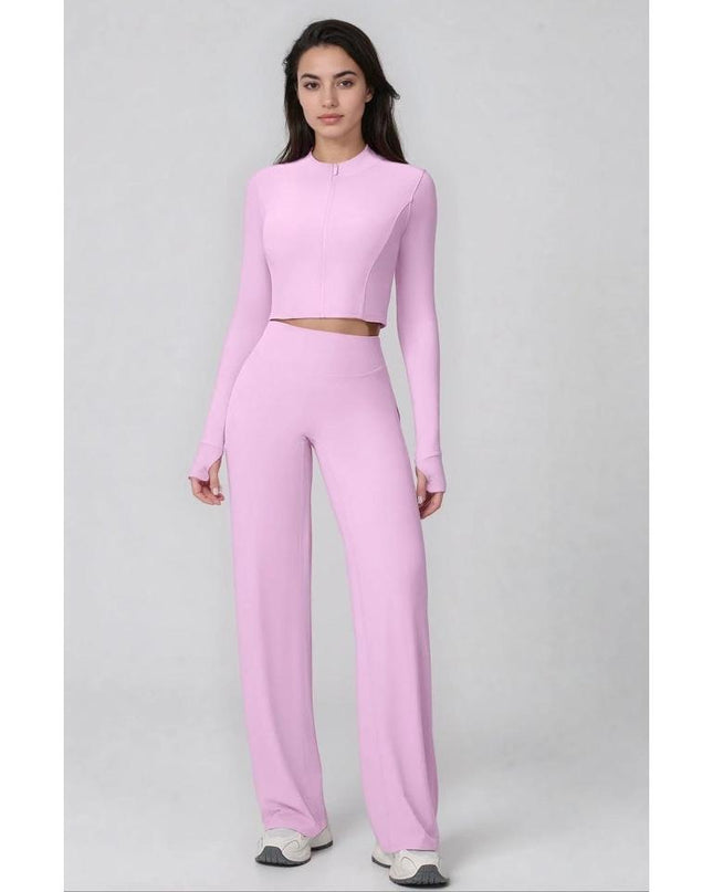 Set Sport Dama Roz Deschis, Hanorac Cu Fermoar Si Pantaloni Evazati Largi, Compleu Fitness Yoga Alergare Sau Tinute Casual De Zi