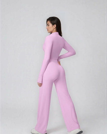 Set Sport Dama Roz Deschis, Hanorac Cu Fermoar Si Pantaloni Evazati Largi, Compleu Fitness Yoga Alergare Sau Tinute Casual De Zi