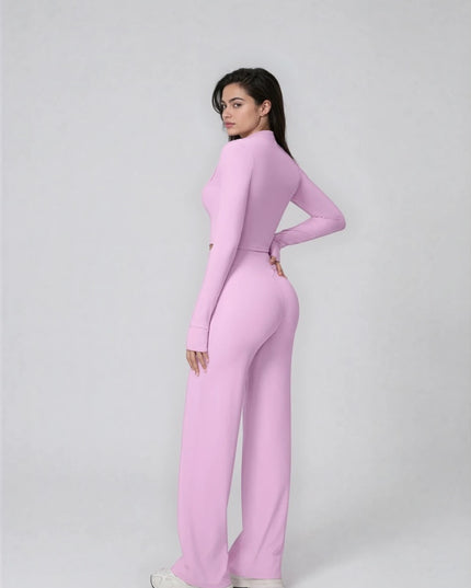 Set Sport Dama Roz Deschis, Hanorac Cu Fermoar Si Pantaloni Evazati Largi, Compleu Fitness Yoga Alergare Sau Tinute Casual De Zi