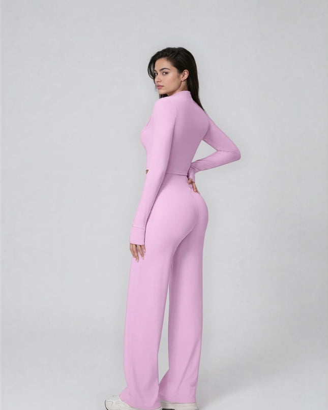 Set Sport Dama Roz Deschis, Hanorac Cu Fermoar Si Pantaloni Evazati Largi, Compleu Fitness Yoga Alergare Sau Tinute Casual De Zi