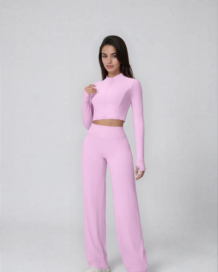 Set Sport Dama Roz Deschis, Hanorac Cu Fermoar Si Pantaloni Evazati Largi, Compleu Fitness Yoga Alergare Sau Tinute Casual De Zi