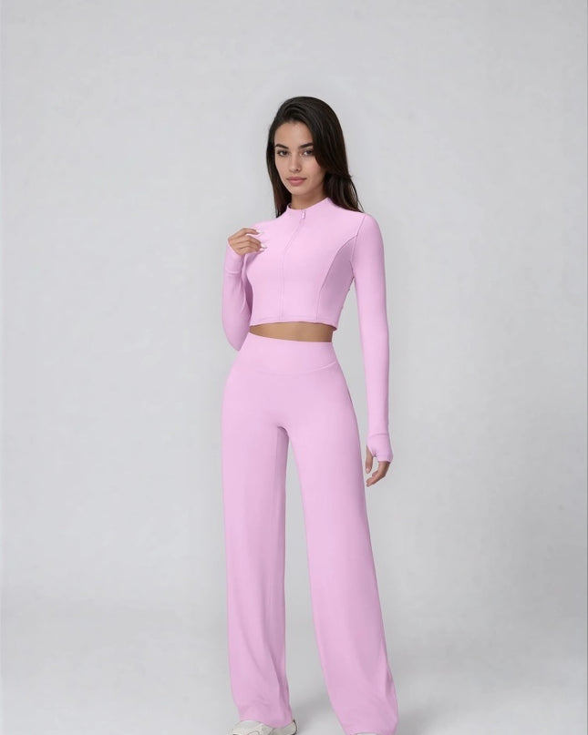 Set Sport Dama Roz Deschis, Hanorac Cu Fermoar Si Pantaloni Evazati Largi, Compleu Fitness Yoga Alergare Sau Tinute Casual De Zi