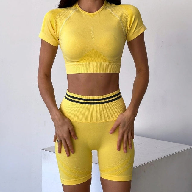 Set Sport Din Două Piese, Top Și Pantaloni Scurți, Galben Neon, Cu Bandă Elastică Și Design Respirabil Confort În Activități Sportive Și Alergare