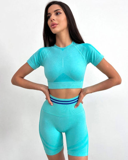 Set Sport Din Două Piese, Top Și Pantaloni Scurți, Turcoaz , Cu Bandă Elastică Și Design Respirabil Confort În Activități Sportive Și Alergare