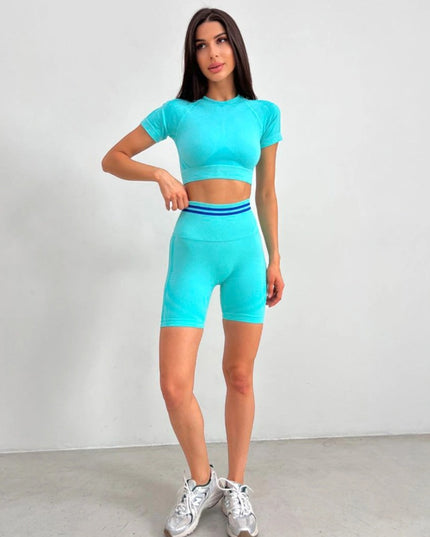 Set Sport Din Două Piese, Top Și Pantaloni Scurți, Turcoaz , Cu Bandă Elastică Și Design Respirabil Confort În Activități Sportive Și Alergare