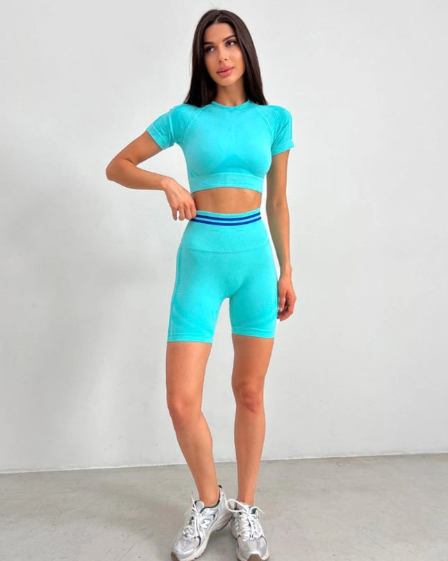 Set Sport Din Două Piese, Top Și Pantaloni Scurți, Turcoaz , Cu Bandă Elastică Și Design Respirabil Confort În Activități Sportive Și Alergare