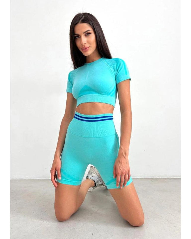 Set Sport Din Două Piese, Top Și Pantaloni Scurți, Turcoaz , Cu Bandă Elastică Și Design Respirabil Confort În Activități Sportive Și Alergare