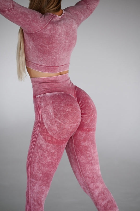 Set Sport Două Piese Roz, Bluza Cu Design Push-Up, Colanti Conturati Pentru Fese, Sculptarea Siluetei