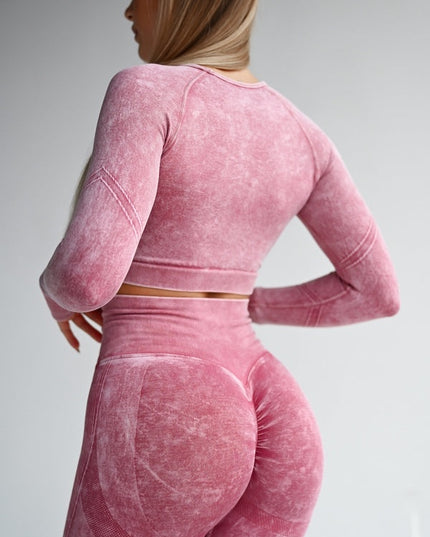 Set Sport Două Piese Roz, Bluza Cu Design Push-Up, Colanti Conturati Pentru Fese, Sculptarea Siluetei