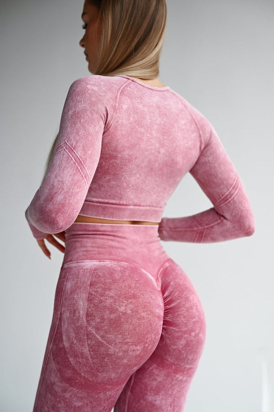 Set Sport Două Piese Roz, Bluza Cu Design Push-Up, Colanti Conturati Pentru Fese, Sculptarea Siluetei