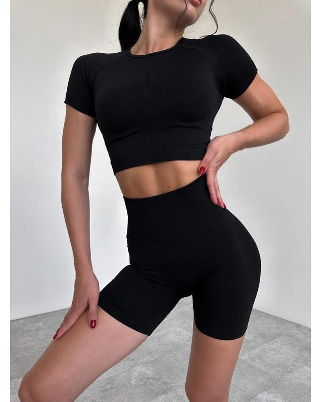 Set Sport Fitness Femei 2 Piese, Colanti Scurti cu Talie Inalta Efect Push-Up si Bustiera Crop Top, Echipament Yoga, Pilates, Aerobic Material