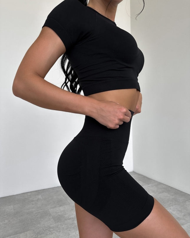 Set Sport Fitness Femei 2 Piese, Colanti Scurti cu Talie Inalta Efect Push-Up si Bustiera Crop Top, Echipament Yoga, Pilates, Aerobic Material