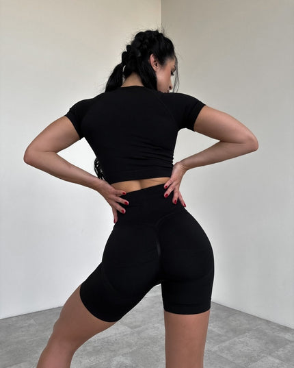 Set Sport Fitness Femei 2 Piese, Colanti Scurti cu Talie Inalta Efect Push-Up si Bustiera Crop Top, Echipament Yoga, Pilates, Aerobic Material