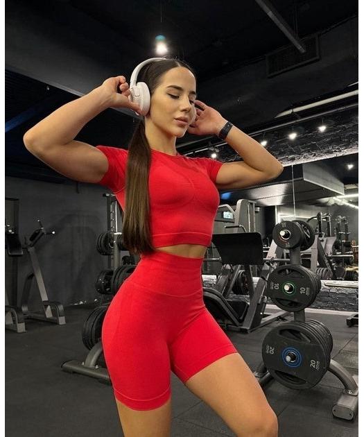 Set Sport Fitness Femei 2 Piese, Colanti Scurti cu Talie Inalta Efect Push-Up si Bustiera Crop Top, Echipament Yoga, Pilates, Aerobic Material
