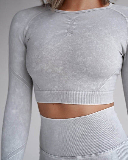 Set Sport Gri Deschis Din Doua Piese Cu Bluza Si Colanti , Cusatura Incretita Si Contur Push-Up Pentru Evidentierea Feselor