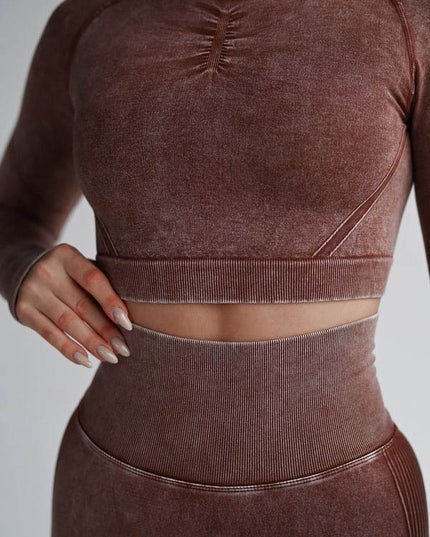 Set Sport Maro Din Doua Piese Cu Bluza Si Colanti , Cusatura Incretita Si Contur Push-Up Pentru Evidentierea Feselor