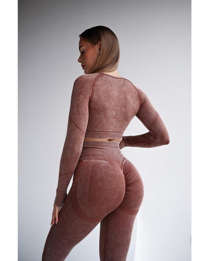 Set Sport Maro Din Doua Piese Cu Bluza Si Colanti , Cusatura Incretita Si Contur Push-Up Pentru Evidentierea Feselor