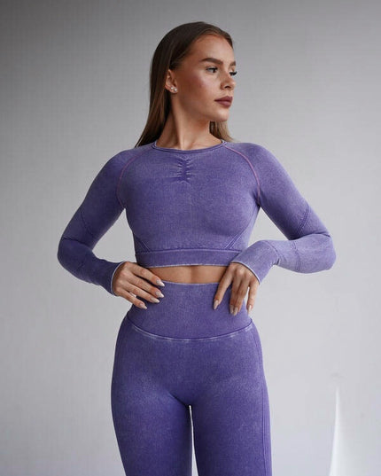Set Sport Mov Din Doua Piese Cu Bluza Si Colanti , Cusatura Incretita Si Contur Push-Up Pentru Evidentierea Feselor
