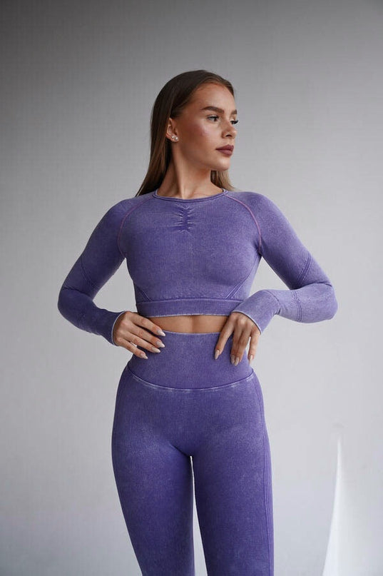 Set Sport Mov Din Doua Piese Cu Bluza Si Colanti , Cusatura Incretita Si Contur Push-Up Pentru Evidentierea Feselor