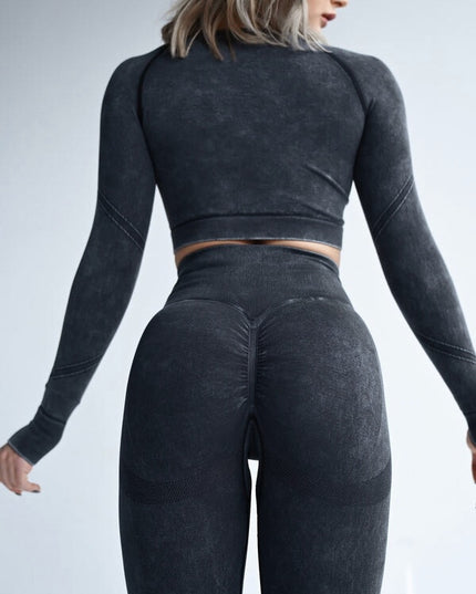 Set Sport Negru Din Doua Piese Cu Bluza Si Colanti , Cusatura Incretita Si Contur Push-Up Pentru Evidentierea Feselor