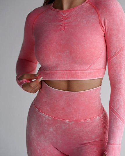 Set Sport Roz Deschis Din Doua Piese Cu Bluza Si Colanti, Cusatura Incretita Si Contur Push-Up Pentru Evidentierea Feselor