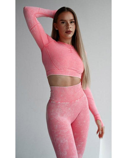 Set Sport Roz Deschis Din Doua Piese Cu Bluza Si Colanti, Cusatura Incretita Si Contur Push-Up Pentru Evidentierea Feselor