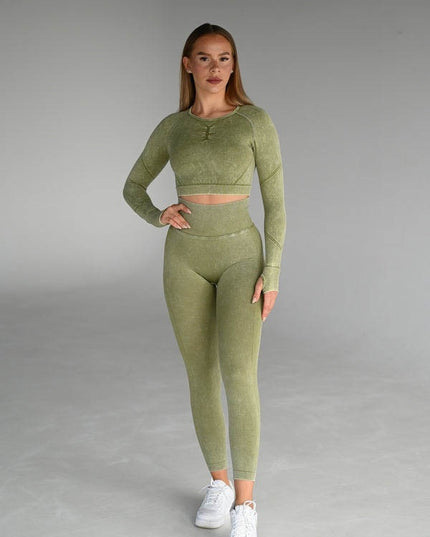 Set Sport Verde Măsliniu, Bluza Si Colanti, Cusatura Incretita, Contur Push-Up Pentru Evidentierea Feselor,Sculptarea Siluetei