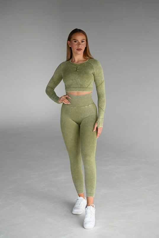 Set Sport Verde Măsliniu, Bluza Si Colanti, Cusatura Incretita, Contur Push-Up Pentru Evidentierea Feselor,Sculptarea Siluetei