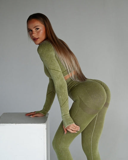 Set Sport Verde Măsliniu, Bluza Si Colanti, Cusatura Incretita, Contur Push-Up Pentru Evidentierea Feselor,Sculptarea Siluetei