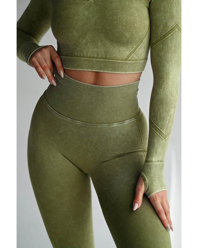 Set Sport Verde Măsliniu, Bluza Si Colanti, Cusatura Incretita, Contur Push-Up Pentru Evidentierea Feselor,Sculptarea Siluetei